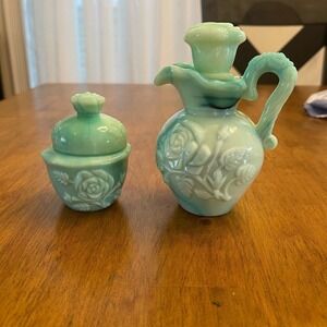 Vintage Jadeite Avon Moonwinf Perfume Bubble Bath Bottle & Powder Sachet Set
